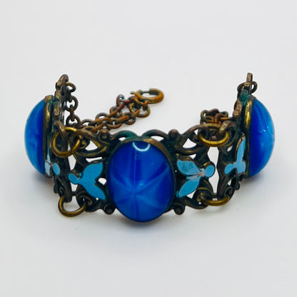 1930s Czech blue glass and enamel butterfly brass bracelet