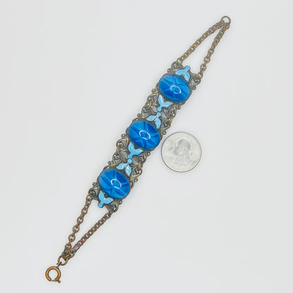 Blue Czech glass three panel bracelet, 7 inch antique