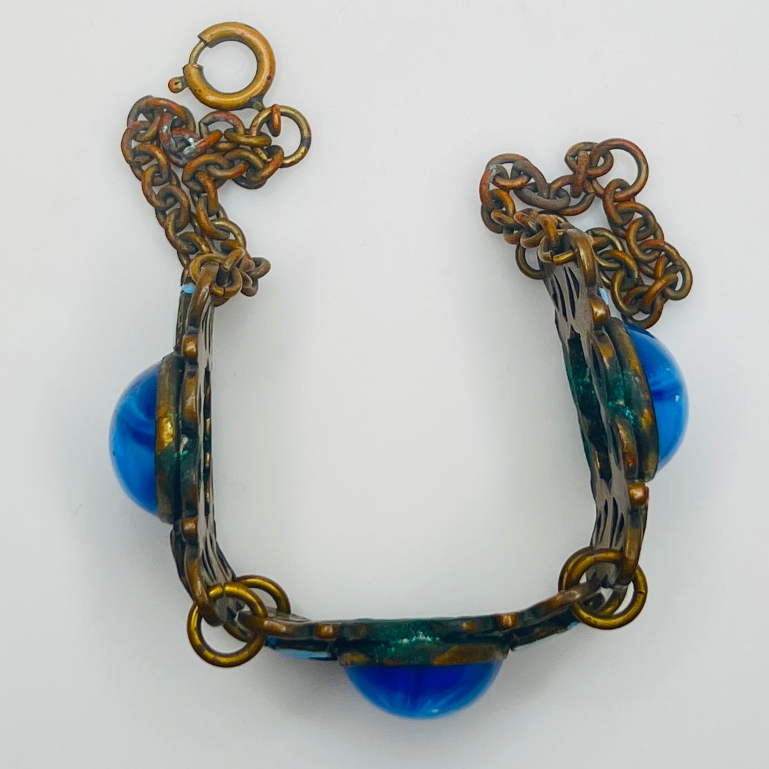 1930s Czech blue glass and enamel butterfly brass bracelet
