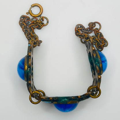 1930s Czech blue glass and enamel butterfly brass bracelet