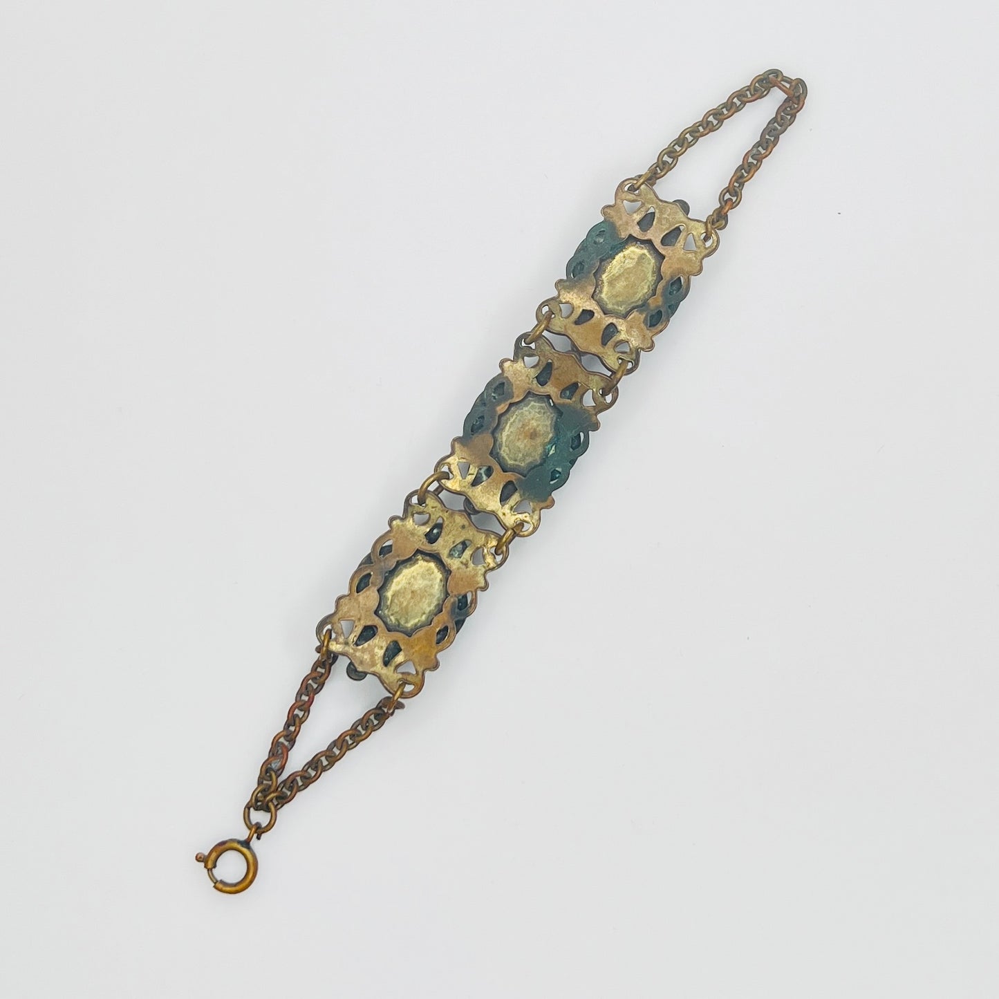 Back of 1930s brass Czech bracelet with aged patina