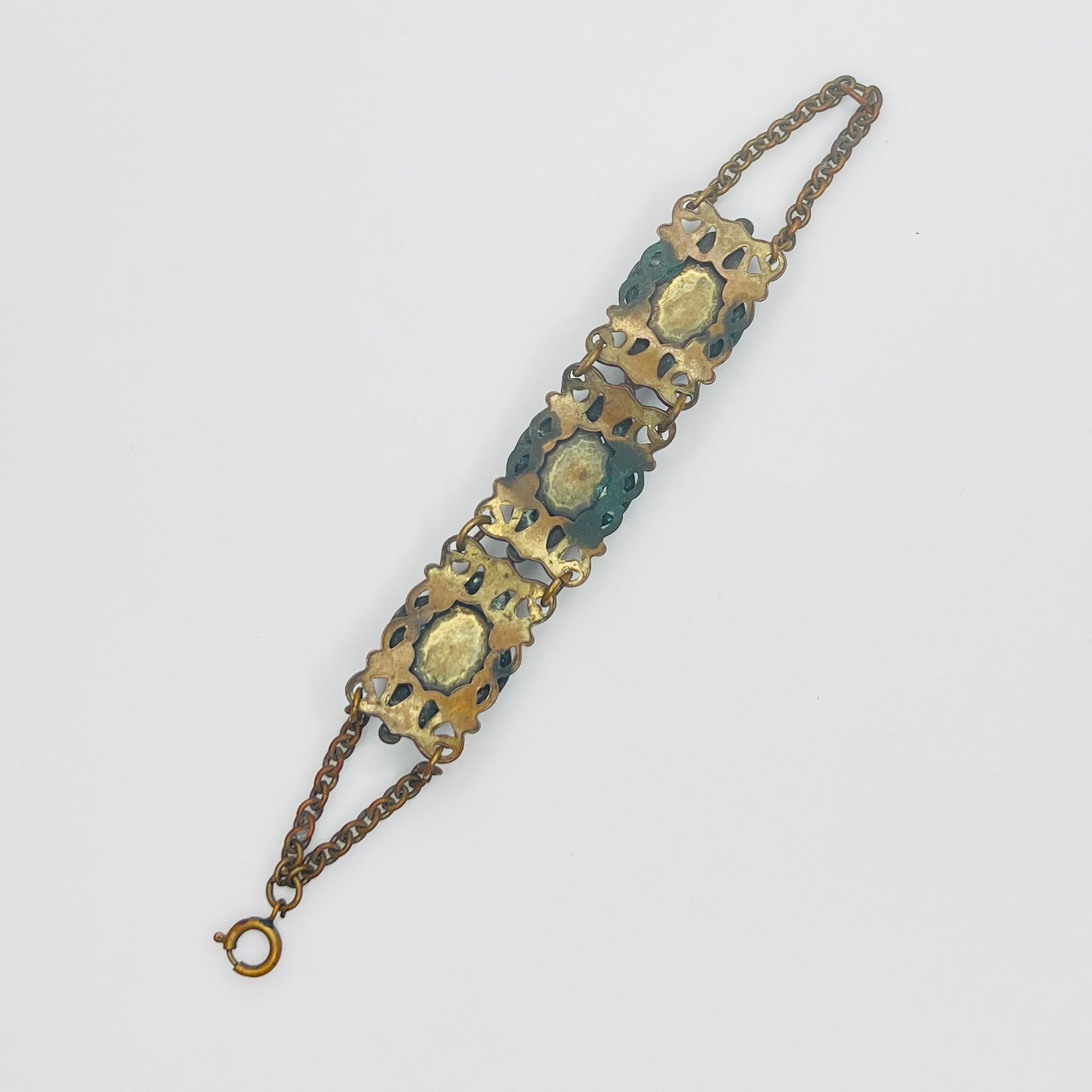 Back of 1930s brass Czech bracelet with aged patina