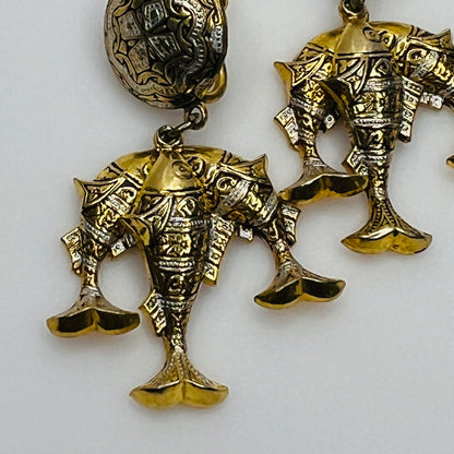 Vintage damascene screw-back earrings with three gold-tone fish drops