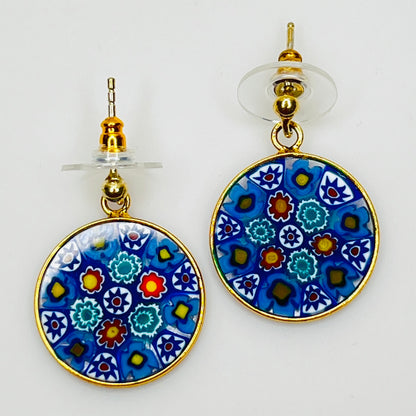 Close-up of colorful millefiori floral mosaic glass earrings