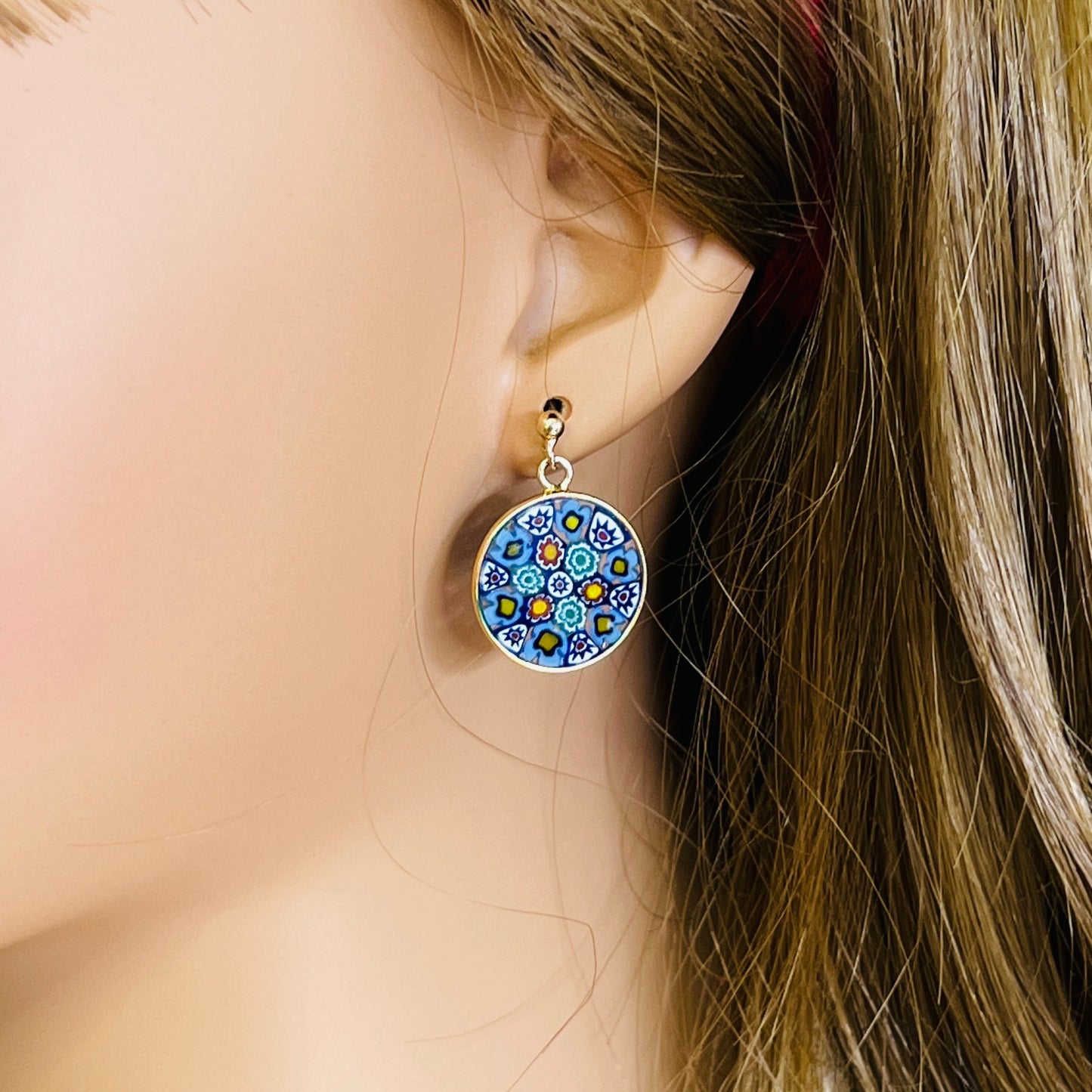 Vintage Venetian millefiori glass round dangle earrings worn on mannequin