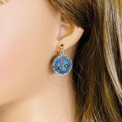 Vintage Venetian millefiori glass round dangle earrings worn on mannequin