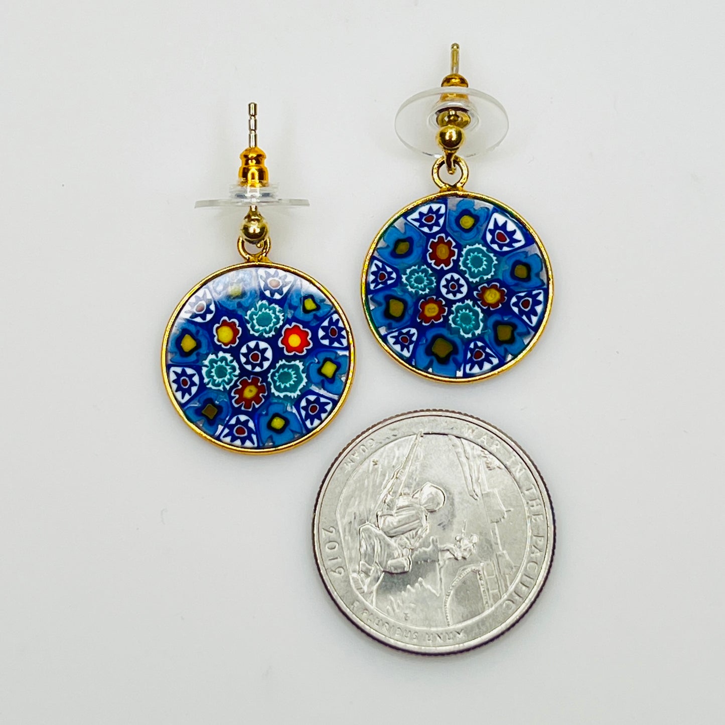 Vintage round millefiori mosaic glass earrings gold over sterling