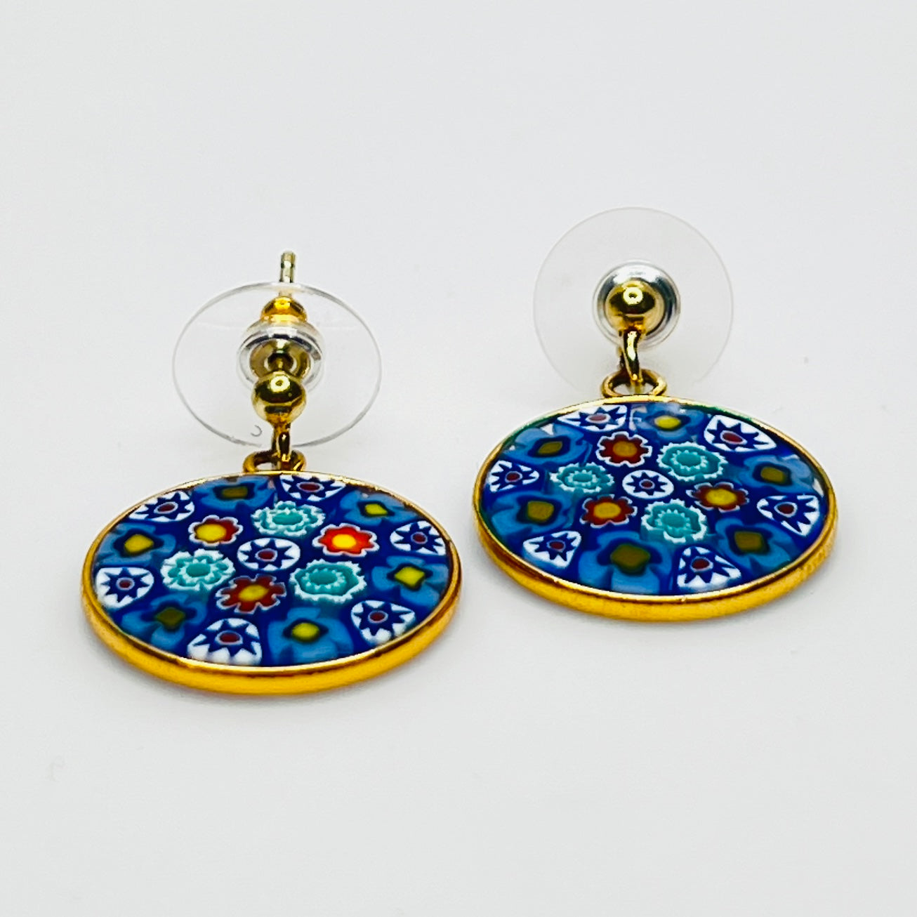 Vintage round millefiori mosaic glass earrings gold over sterling