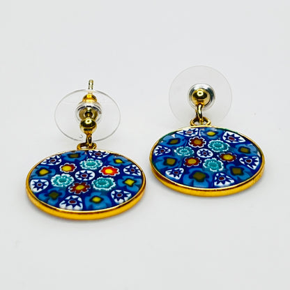 Vintage round millefiori mosaic glass earrings gold over sterling
