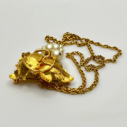 Vintage gold-tone grape cluster pendant brooch and faux pearl earrings set