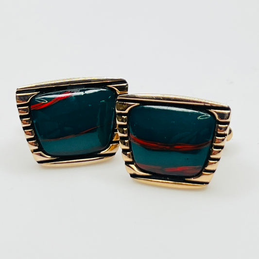 1950s Hickok cufflinks with teal glass cabochons and rose gold-tone setting
