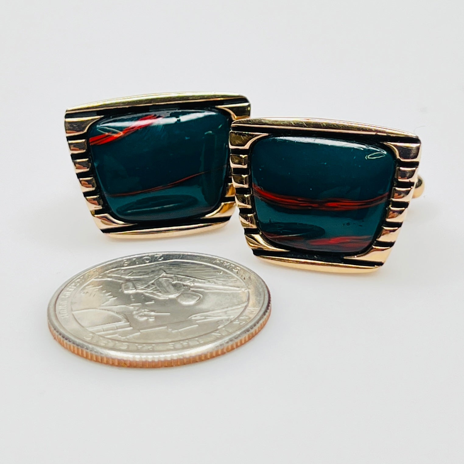 1950s Hickok cufflinks with teal glass cabochons and rose gold-tone setting