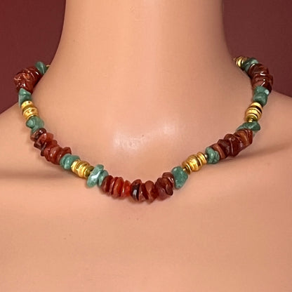 Hobé carnelian and aventurine necklace on model with gold-tone accents