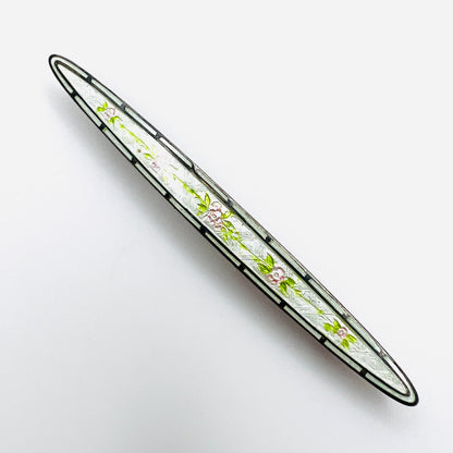 Antique sterling silver guilloche enamel bar brooch with pink roses and green leaves