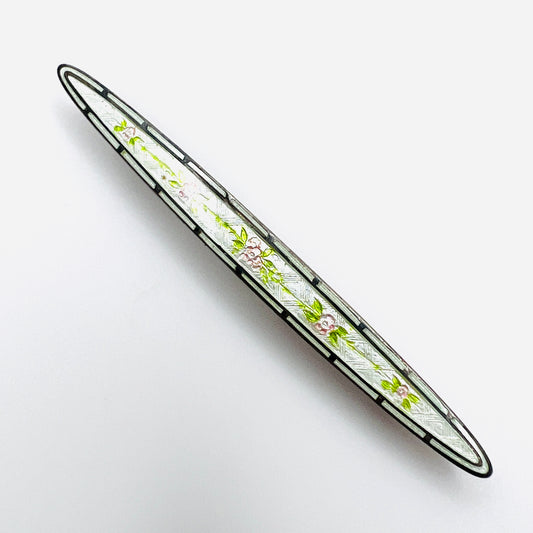 Antique sterling silver guilloche enamel bar brooch with pink roses and green leaves