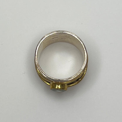 Close-up of vintage fidget worry ring with sapphire and mixed metals