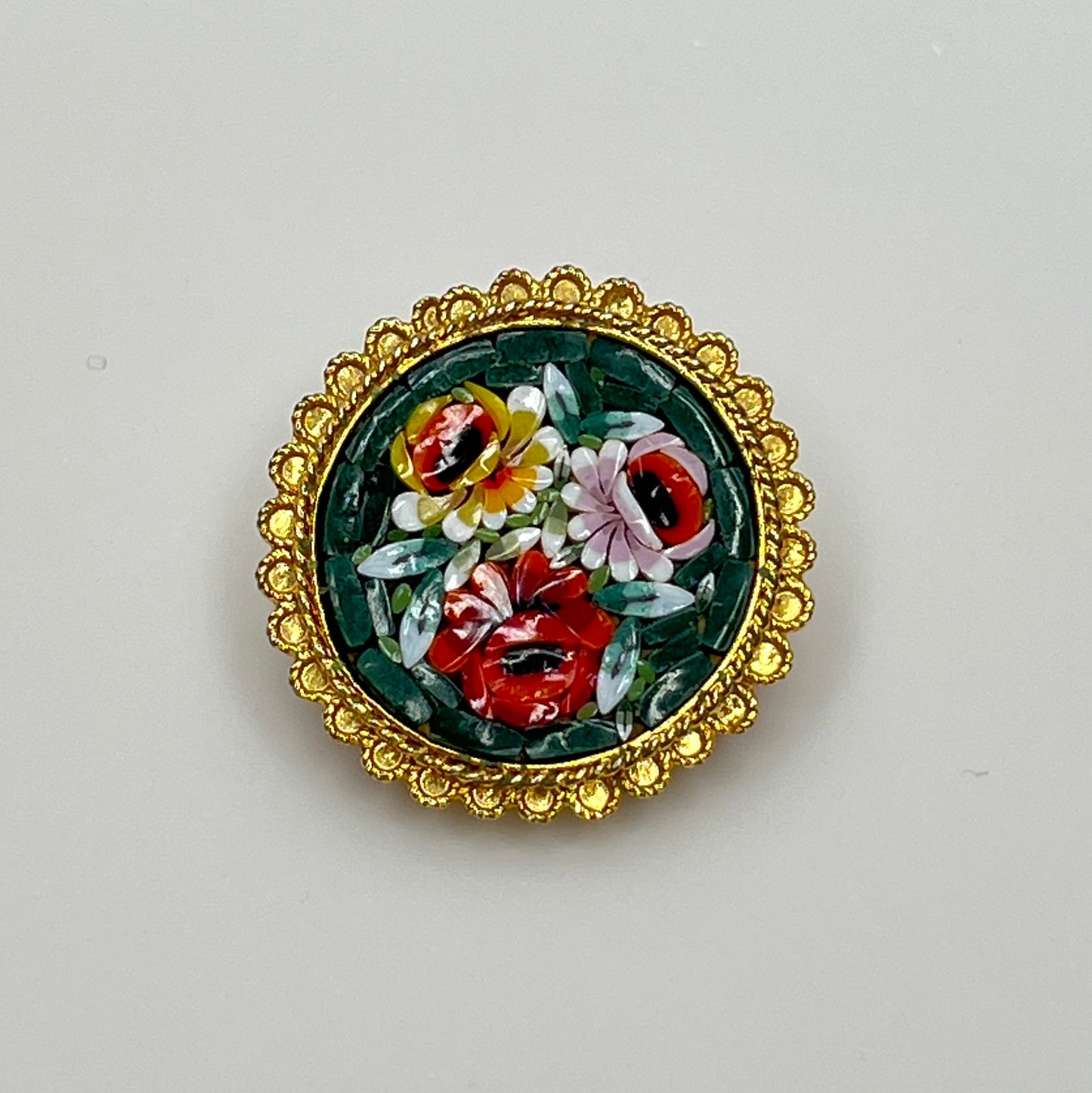Vintage Italian gold micro mosaic brooch with floral rose motif
