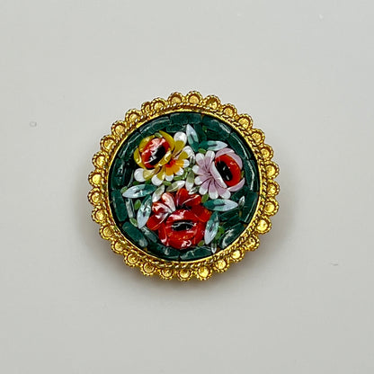 Vintage Italian gold micro mosaic brooch with floral rose motif