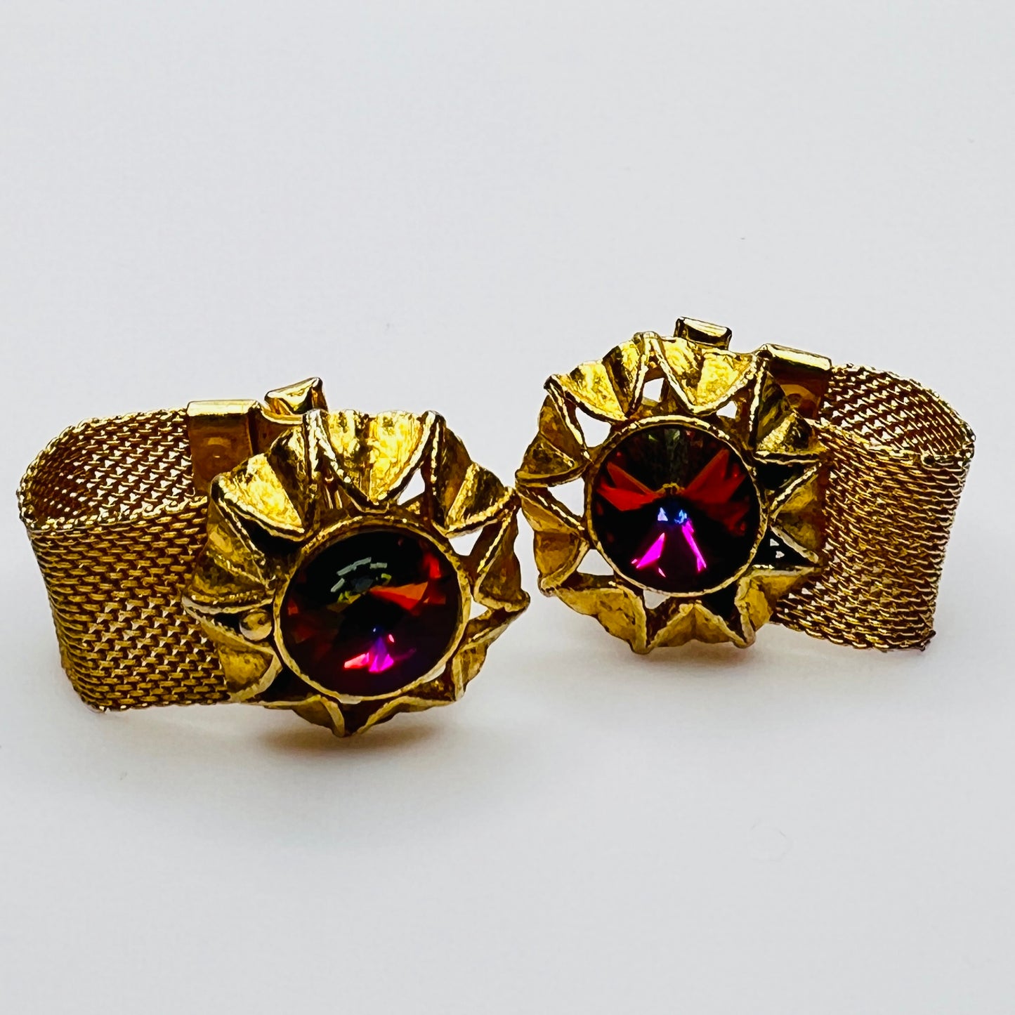 Gold Mesh Cufflinks – Mid-Century Modern – Watermelon Rivoli Crystal