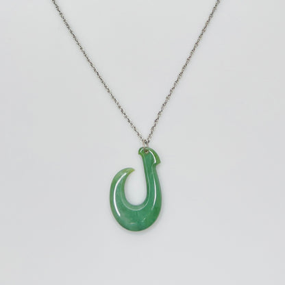 Vintage jade fish hook (Makau) pendant on 12K white gold-filled chain