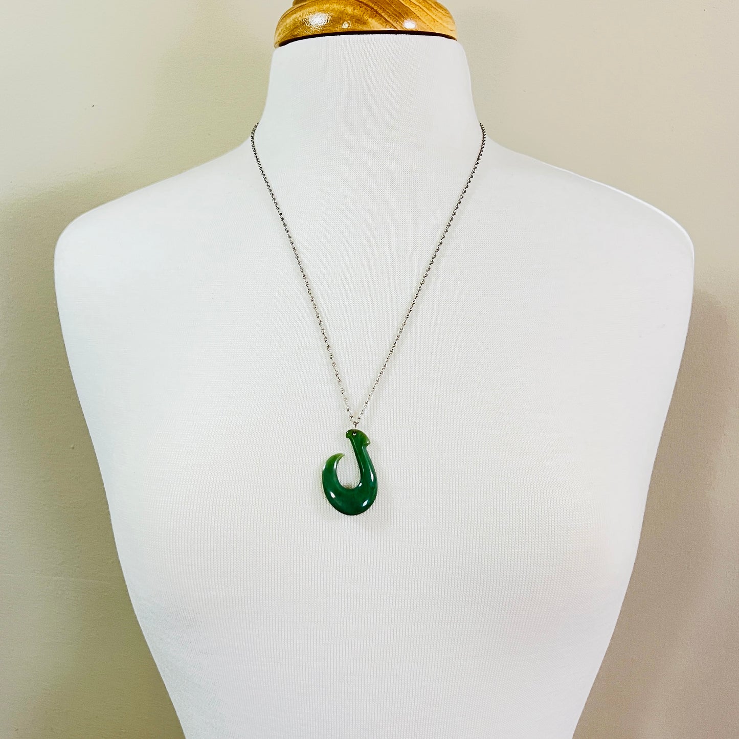 Vintage jade fish hook (Makau) pendant on 12K white gold-filled chain