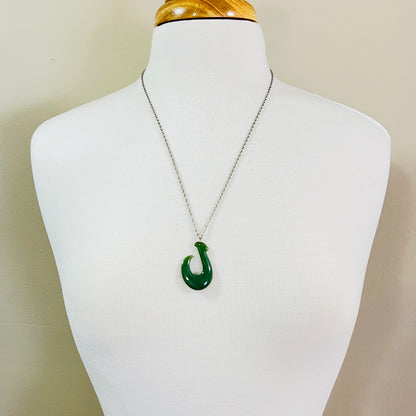 Vintage jade fish hook (Makau) pendant on 12K white gold-filled chain