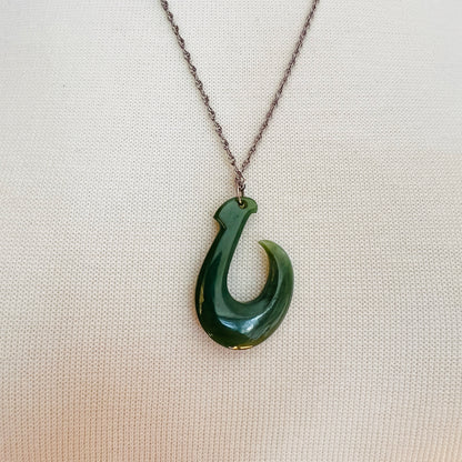 Vintage jade fish hook (Makau) pendant on 12K white gold-filled chain