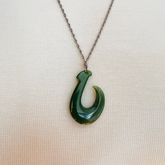 Vintage jade fish hook (Makau) pendant on 12K white gold-filled chain