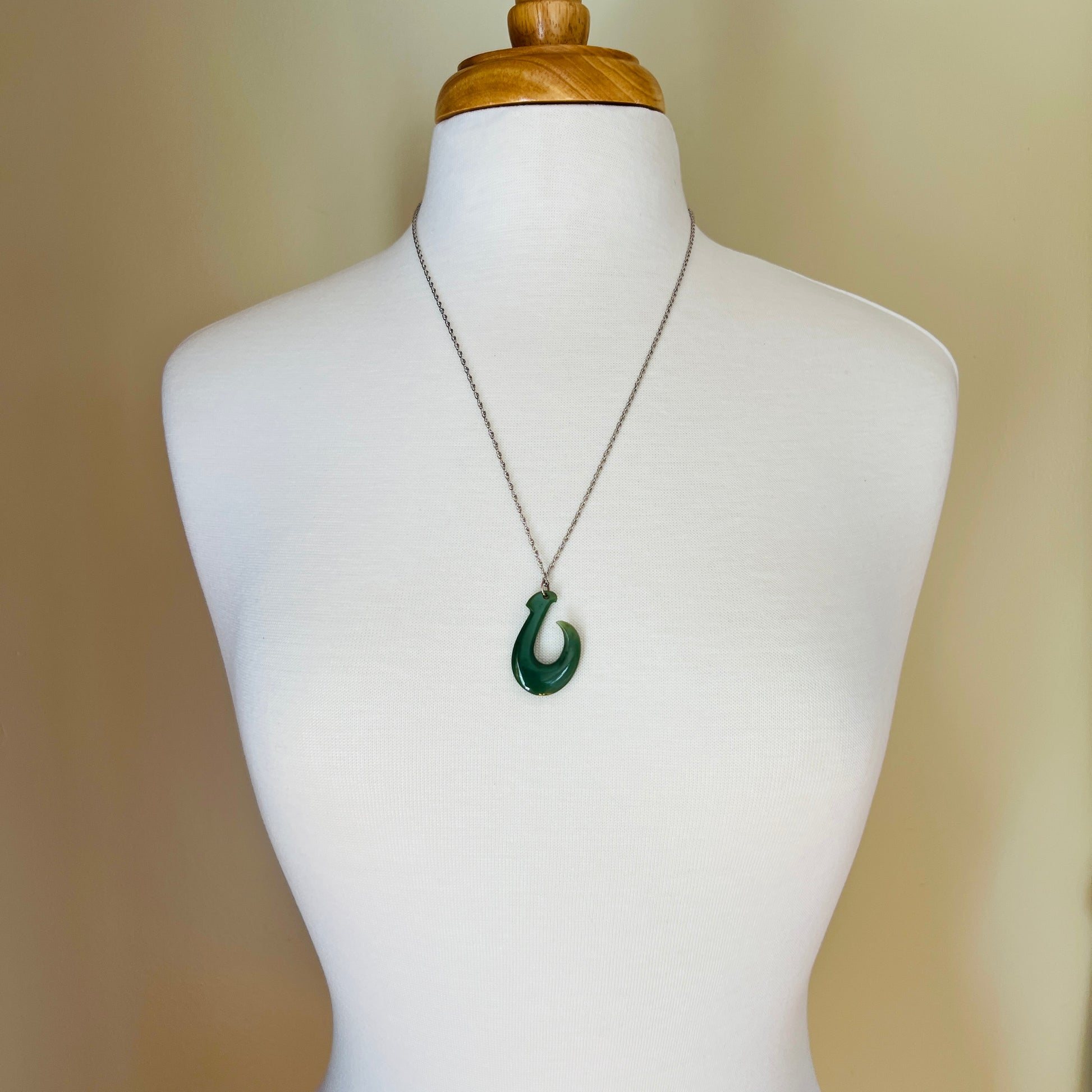 Vintage jade fish hook (Makau) pendant on 12K white gold-filled chain