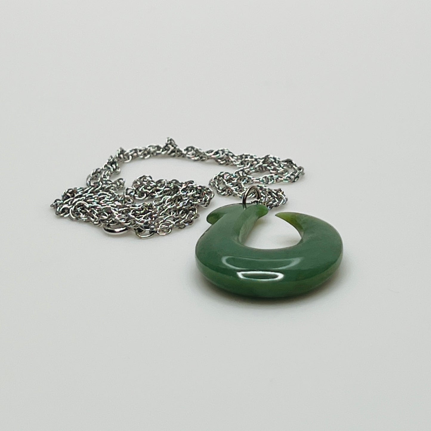 Vintage jade fish hook (Makau) pendant on 12K white gold-filled chain