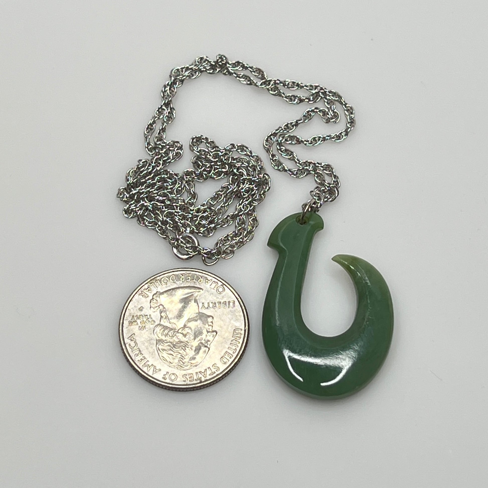 Vintage jade fish hook (Makau) pendant on 12K white gold-filled chain