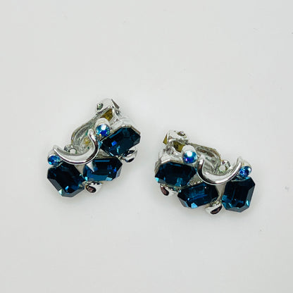 Lisner clip-on earrings with sapphire blue rhinestones and silver-tone setting