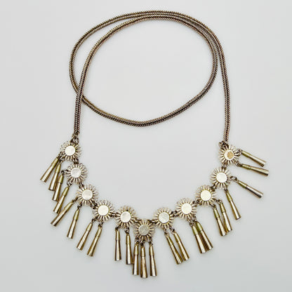 Vintage Miao Hmong silver tribal tassel necklace on display