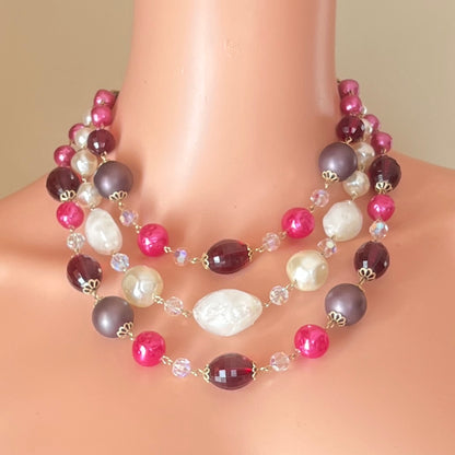 Mid century multi strand faux pearl and crystal necklace