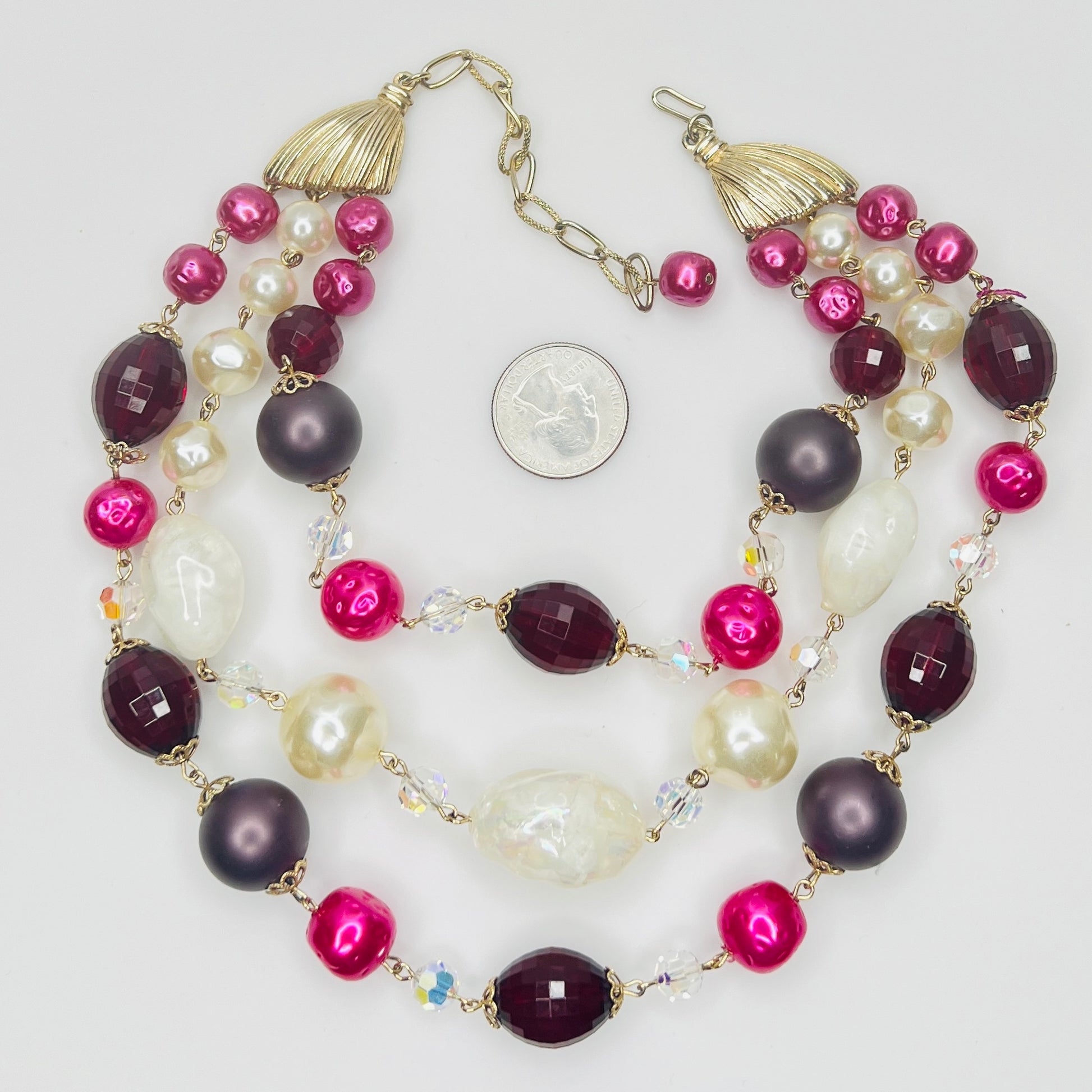 Mid century multi strand faux pearl and crystal necklace