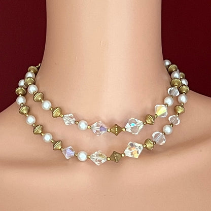 Mid-century layered necklace with aurora borealis crystals and pearls on mannequin