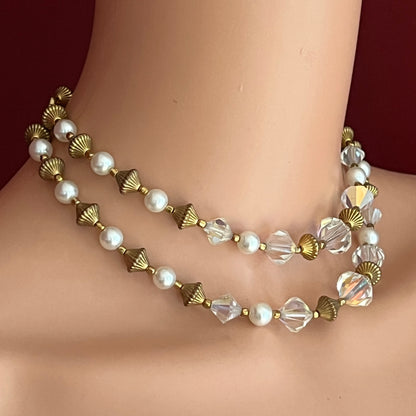 Mid-century layered necklace with aurora borealis crystals and pearls on mannequin