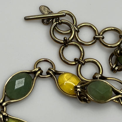 Vintage Monet necklace with green and yellow glass cabochons in gold-tone setting