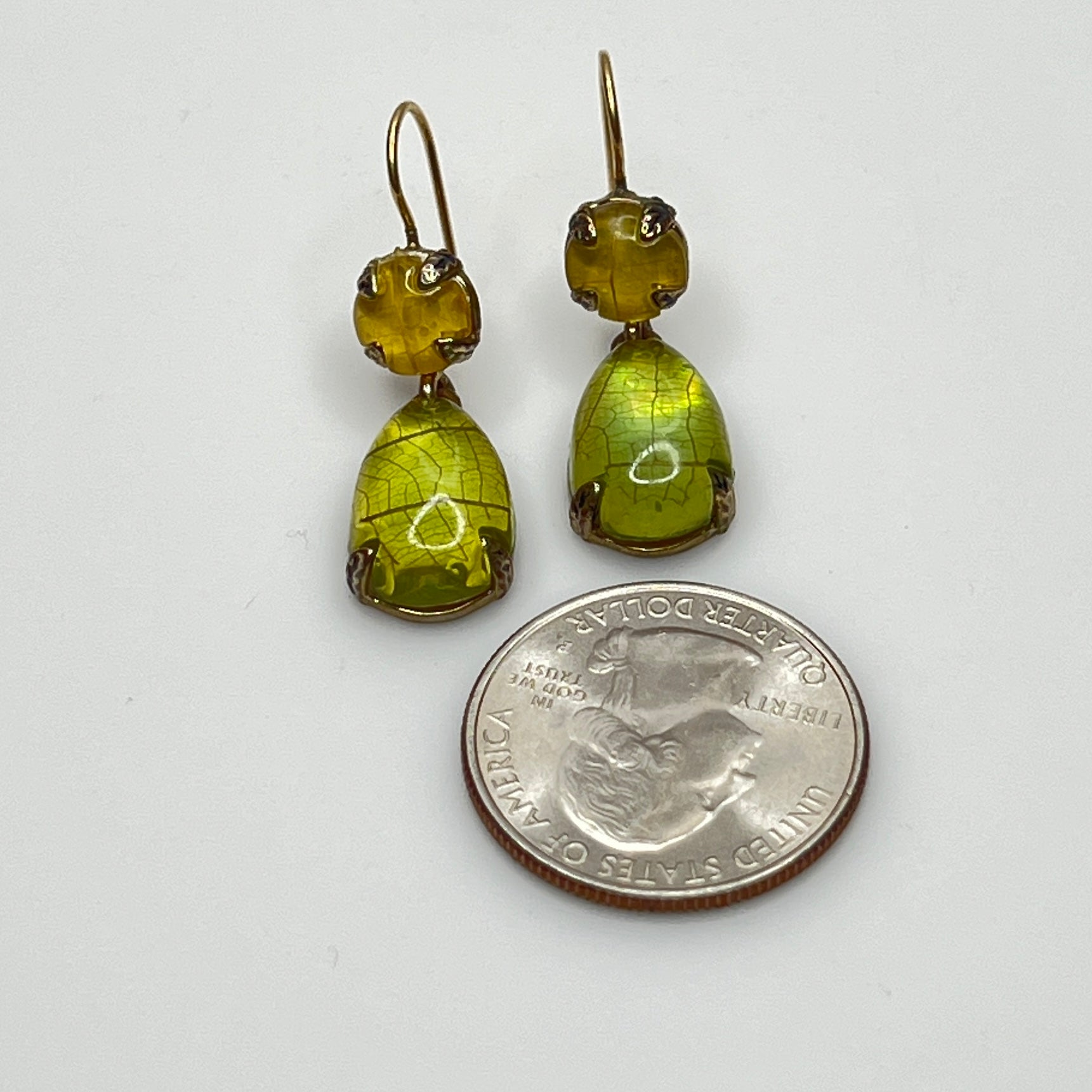 Monet dangle earrings with matching green and yellow glass cabochons