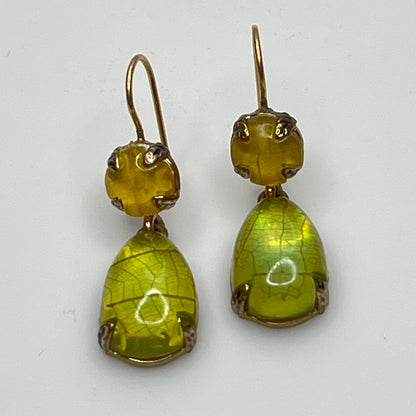 Monet dangle earrings with matching green and yellow glass cabochons