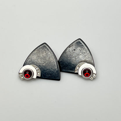 Pair of black triangular Monet earrings with red glass cabochon and rhinestones