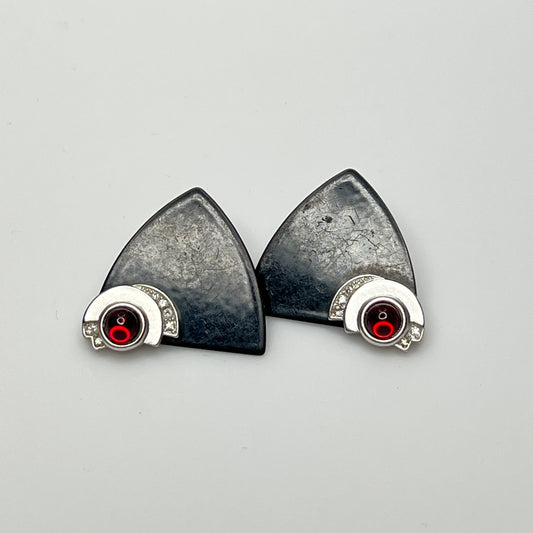 Pair of black triangular Monet earrings with red glass cabochon and rhinestones