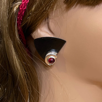 Pair of black triangular Monet earrings with red glass cabochon and rhinestones