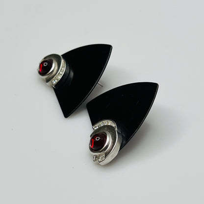 Pair of black triangular Monet earrings with red glass cabochon and rhinestones