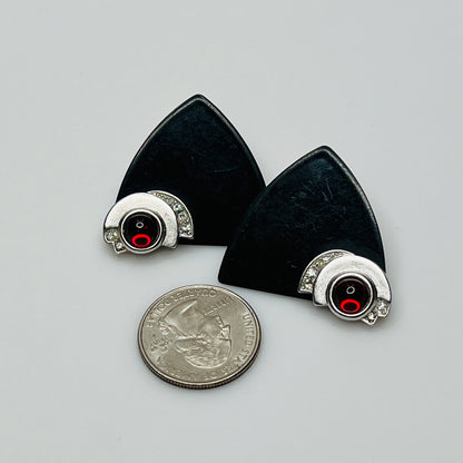 Pair of black triangular Monet earrings with red glass cabochon and rhinestones