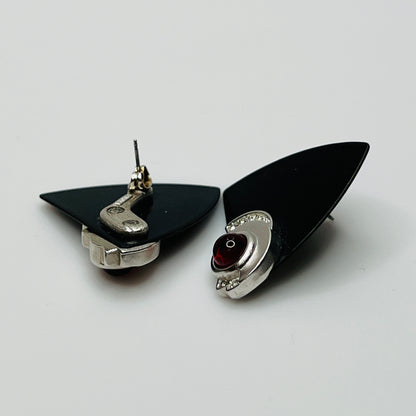 Pair of black triangular Monet earrings with red glass cabochon and rhinestones