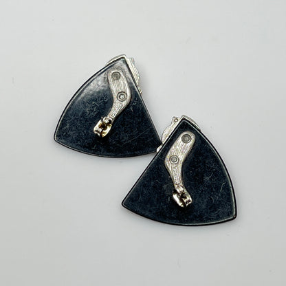 Pair of black triangular Monet earrings with red glass cabochon and rhinestones