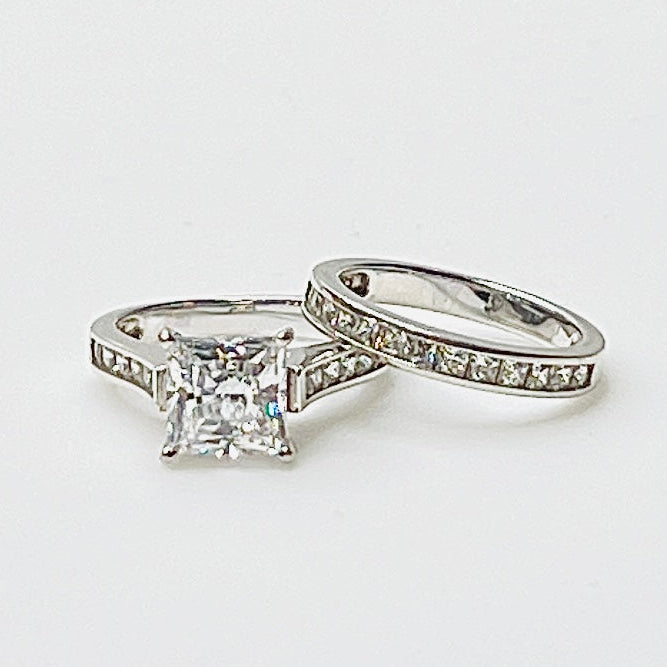 Vintage sterling CZ engagement and wedding rings shown together