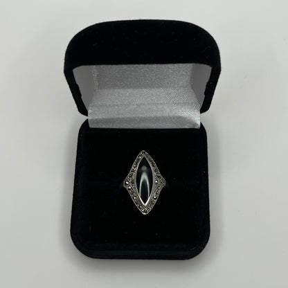 Overhead view showing full marquise onyx and marcasite design