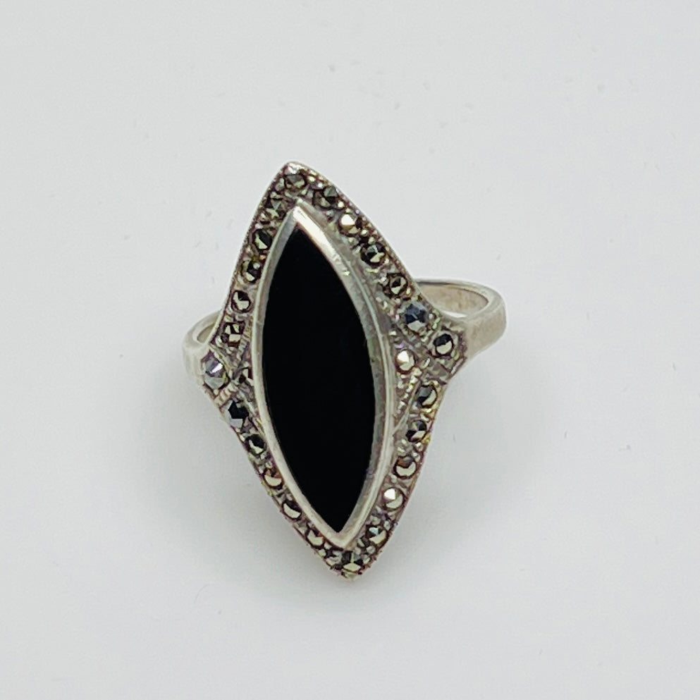 Sterling silver black onyx and marcasite ring